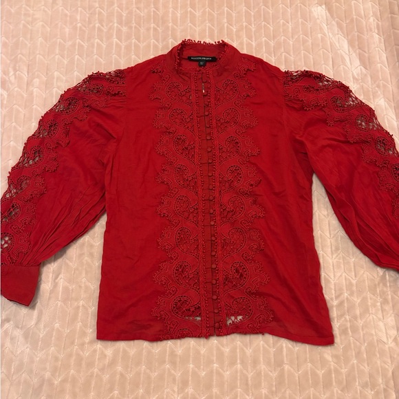 Boston Proper Womens Drama Sleeve Shirt Sz L Mock Neck Button Front Texture Lace - Picture 12 of 16